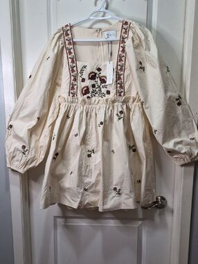 MABLE Cream Mini Dress with Red Floral Embroidery‎